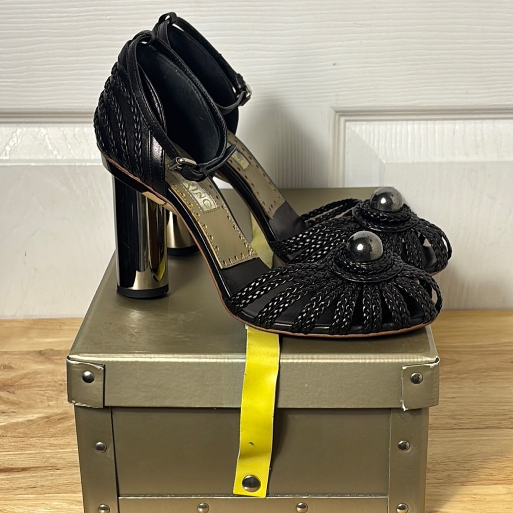 MALANDRINO Black Saint Germain Macrame ankle strap closed toe heels size 38 EU